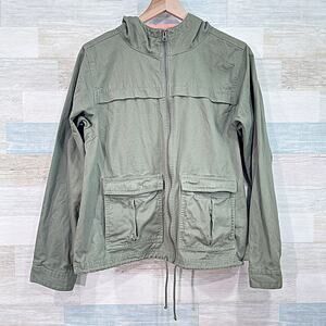 Columbia Hooded Utility Jacket Green Full Zip Pockets Cotton Twill Womens Medium
